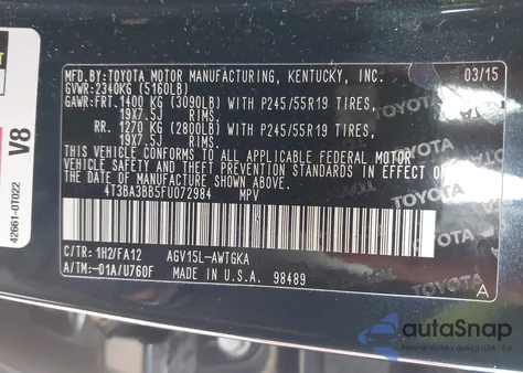 2015 Toyota Venza Le z USA, uszkodzony, nr VIN 4T3BA3BB5FU072984